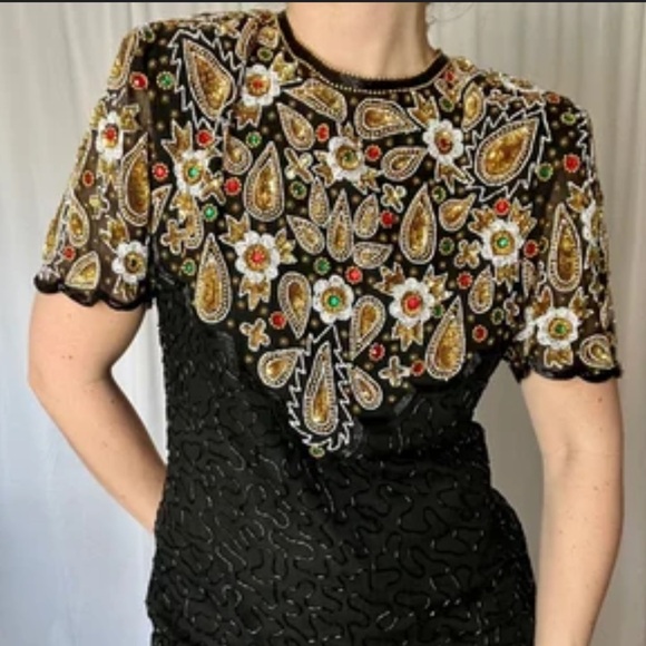 Laurnce kazar beaded black and gold cocktail top size small pure slik vantage - Picture 2 of 9
